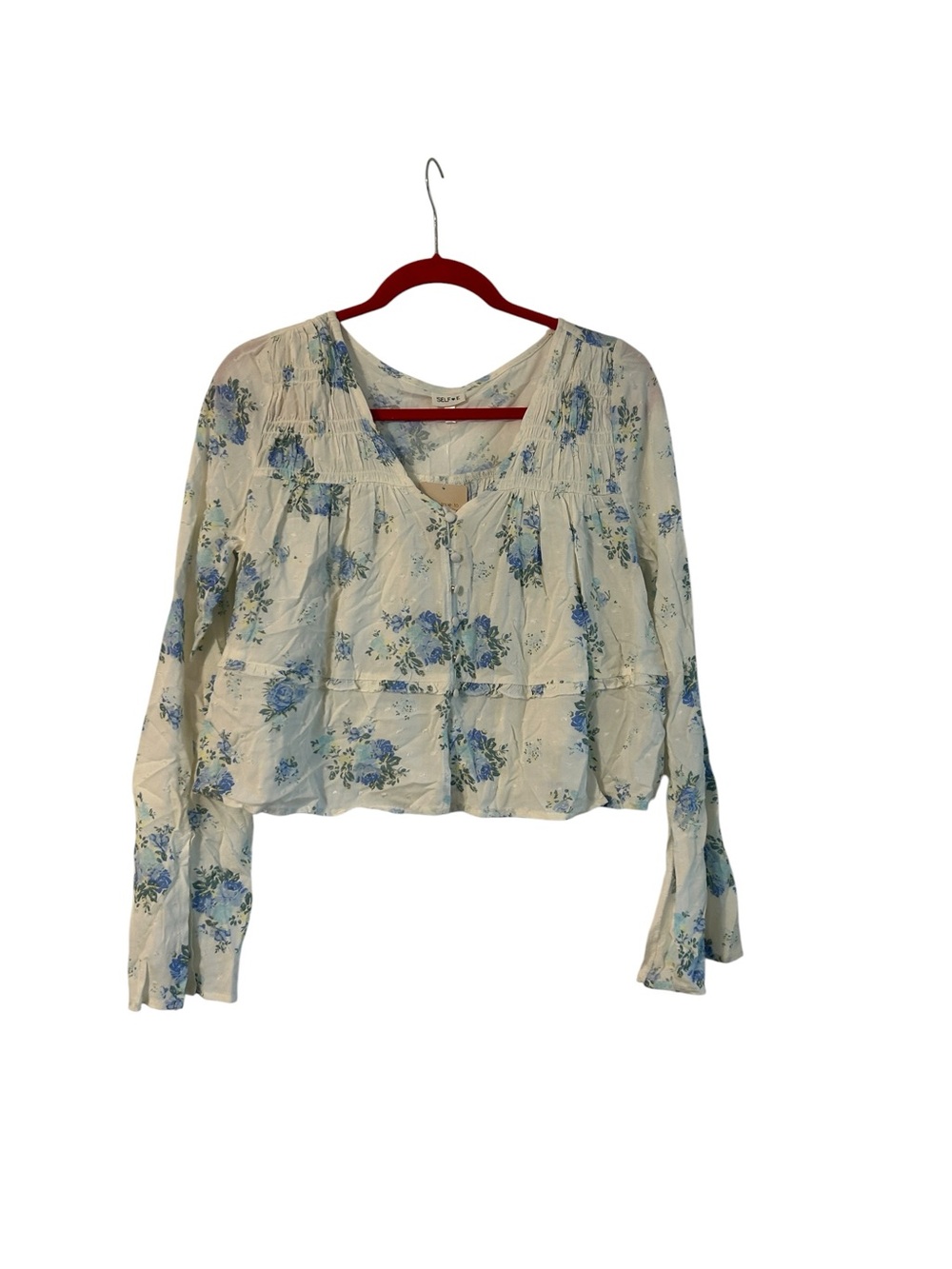 NWT Self Esteem SELF E Women's Blue Cream Floral cropped Peasant Blouse Size M
